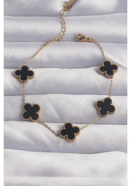 316L Çelik Gold Renk Siyah Mineli Yonca Bileklik - Lisinya