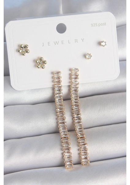 Pirinç Gold Renk Su Yolu Zirkon Taşlı Sallantı Model Çiçek Detay 925 Ayar Gümüş Çivi Kadın Küpe Seti - Lisinya