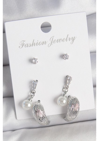 Pirinç Gümüş Renk Sallantılı Zirkon Taşlı Damla Model 3 Çift Kadın Küpe Seti - TJ-BKP10593