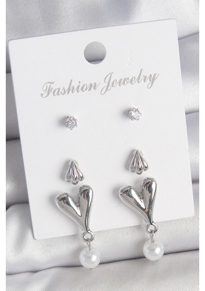 Pirinç Gümüş Renk Zirkon Taşlı Sallantılı Kalp Model 3 Çift Kadın Küpe Seti - TJ-BKP10590