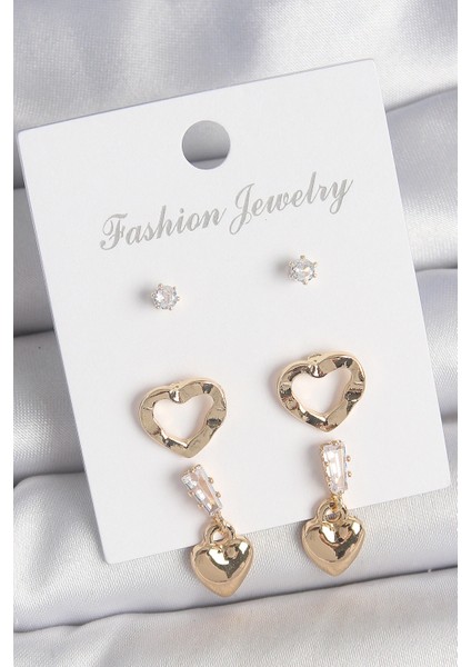 Pirinç Gold Renk Zirkon Taşlı Sallantı Kalp Model Kadın 3 Çift Küpe Seti - TJ-BKP10613