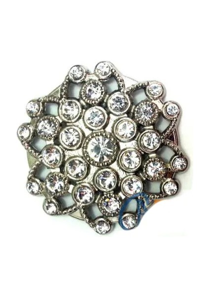Taşlı Yuvarlak Broş, Sandık Süsü 4,5 cm - Nikel, 1 Adet - Lisinya