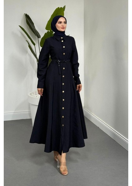 Valira Düğmeli Kemerli Elbise Lacivert