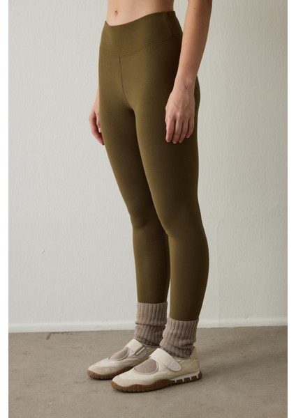 Koyu Yağ Yeşili Termal Etkili Kadife Dokulu V Kesim Yüksek Bel Tayt