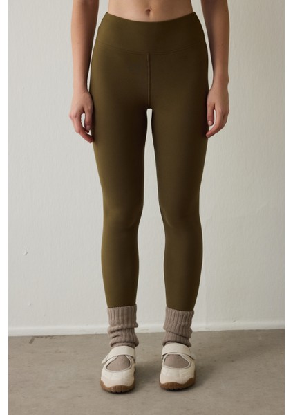 Koyu Yağ Yeşili Termal Etkili Kadife Dokulu V Kesim Yüksek Bel Tayt fiyatları