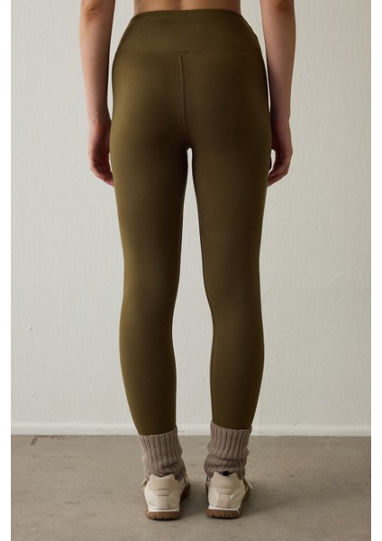 Koyu Yağ Yeşili Termal Etkili Kadife Dokulu V Kesim Yüksek Bel Tayt modelleri