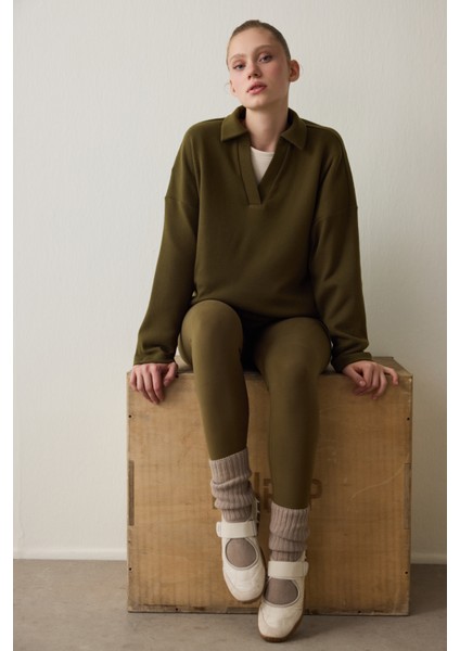 Koyu Yağ Yeşili Termal Etkili Kadife Dokulu V Kesim Yüksek Bel Tayt fırsatları