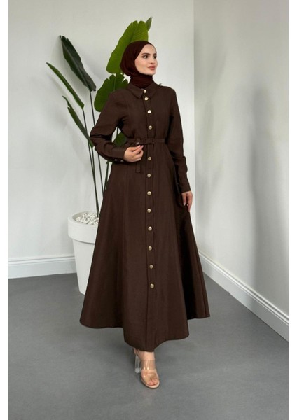 Valira Düğmeli Kemerli Elbise Kahverengi