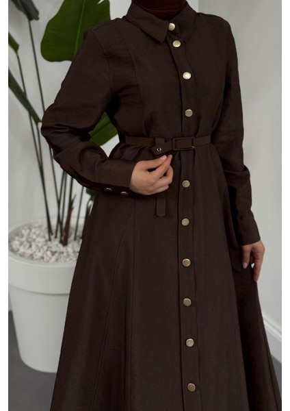 Valira Düğmeli Kemerli Elbise Kahverengi modelleri