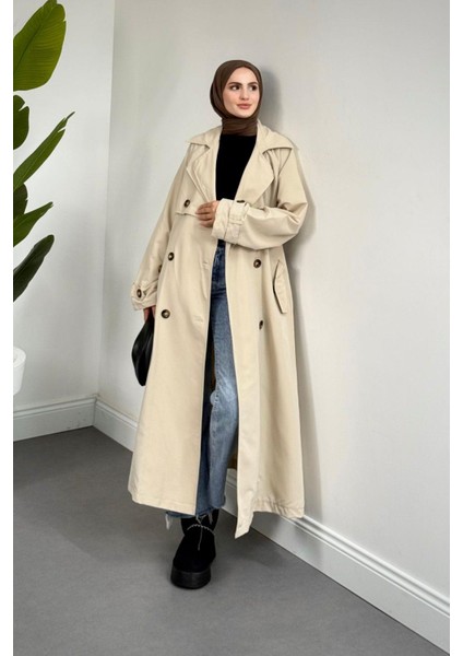 Mayi Arkası Pelerinli Düğmeli Trençkot Bej