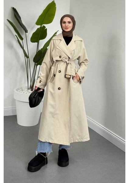 Mayi Arkası Pelerinli Düğmeli Trençkot Bej modelleri