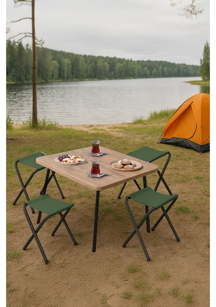 45X60 cm Kamp Sehpası + 4 Adet Yeşil Tabure Piknik, Bahçe Balkon Sehpası Katlanır Sehpa-A-4y