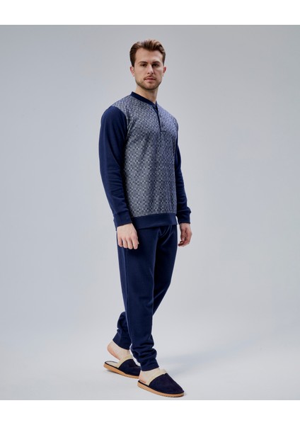Mooncover Erkek Kışlık Önü Desenli Pijama Takımı Lacivert modelleri
