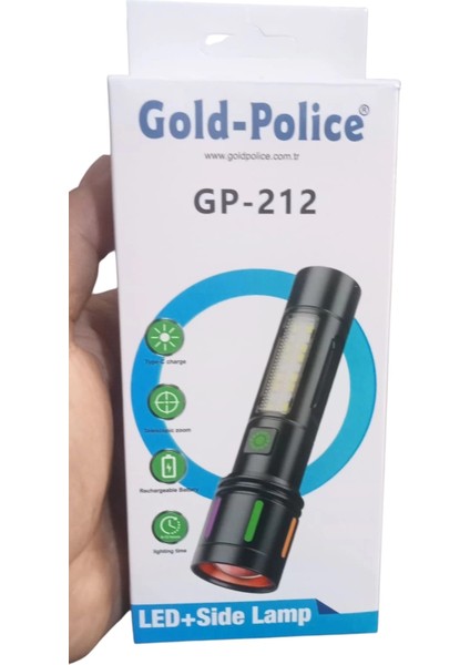 Gold Police GP-212 Şarjlı Metal El Feneri | 1000 Lümen Polis Feneri Çakarlı - Lisinya