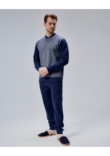 Mooncover Erkek Kışlık Önü Desenli Pijama Takımı Lacivert