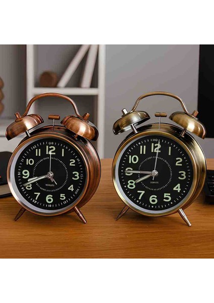 Antik Retro Metal Çalar Saat Masaüstü Alarmlı, Işıklı, Çift Çanlı Zilli, Dekoratif Koleksiyonluk Pilli Saat