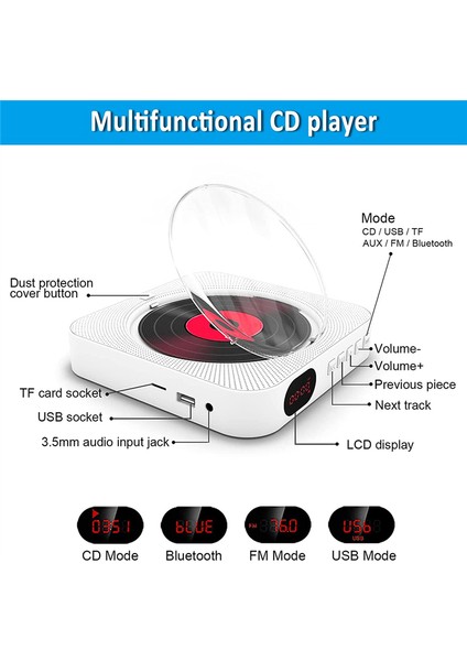 Taşınabilir Bluetooth CD Çalar, Duvar Montaj CD Çalar Uzaktan Kumandalı Ev Ses Müzik Çalar, LCD Ekran-Ab Fişi (Yurt Dışından) fırsatları