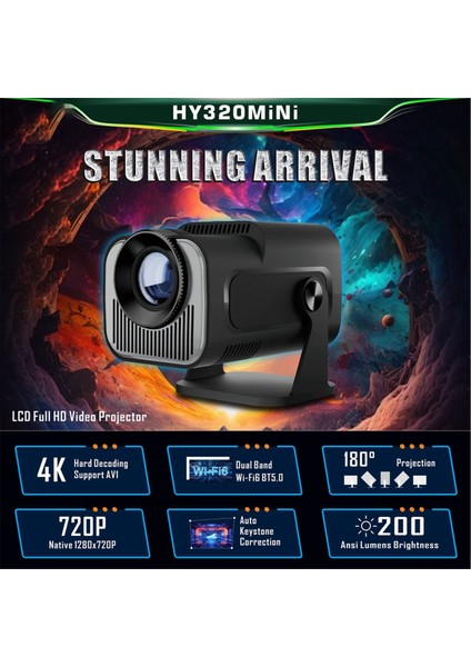 HY320 Mini Native 720P Android 11 Projektör 200ANSI Wifi6 Bt5.0 Sinema Açık Mekan Taşınabilir 180 ° Dönebilir Projektör, Us Fişi (Yurt Dışından) modelleri