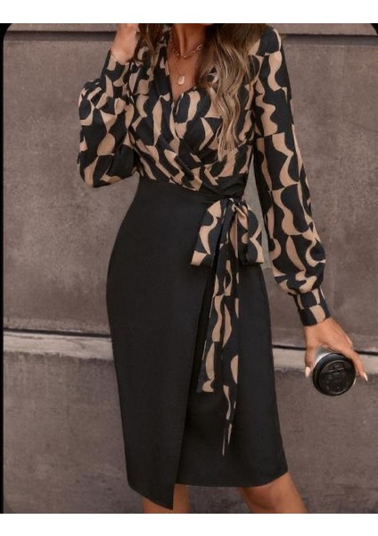 Kadın Uzun Kollu Kruvaze Yaka Dijital Baskılı Fiyonk Detay Atlas Kumaş Elbise fırsatları