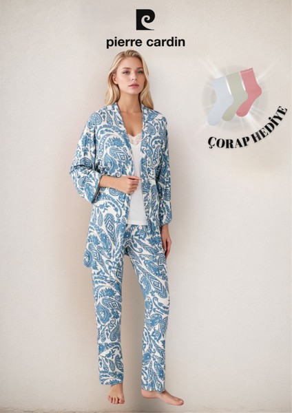 Kadın Modal Kutulu 3 Parça Sabahlık & Pijama Takımı
