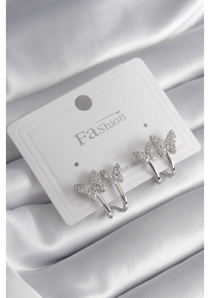 Pirinç Gümüş Renk Zirkon Taşlı Kelebek Model Kadın Küpe TG27BKP9908