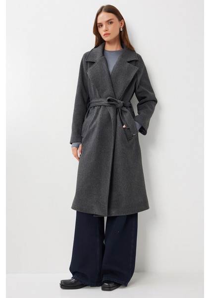 Kruvaze Yaka Kuşaklı Kaşe Kaban LGP0030 Antrasit