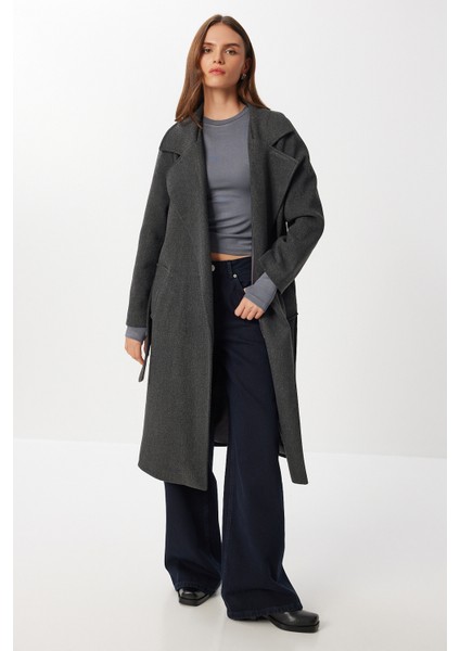 Kruvaze Yaka Kuşaklı Kaşe Kaban LGP0030 Antrasit fiyatları