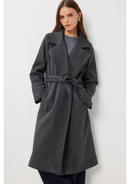 Kruvaze Yaka Kuşaklı Kaşe Kaban LGP0030 Antrasit modelleri