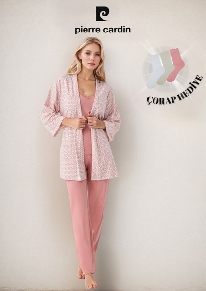 Kadın Modal Kutulu 3 Parça Pembe Sabahlık & Pijama Takımı