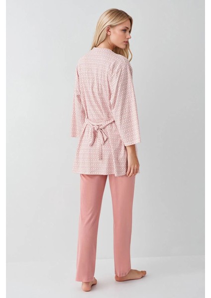 Kadın Modal Kutulu 3 Parça Pembe Sabahlık & Pijama Takımı modelleri