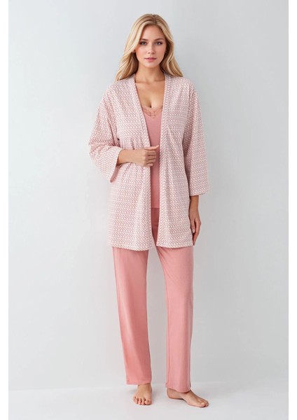 Kadın Modal Kutulu 3 Parça Pembe Sabahlık & Pijama Takımı fırsatları