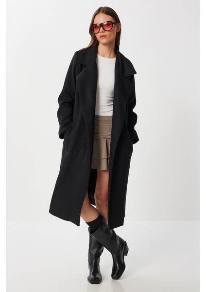 Kruvaze Yaka Kuşaklı Kaşe Kaban LGP0030 Siyah