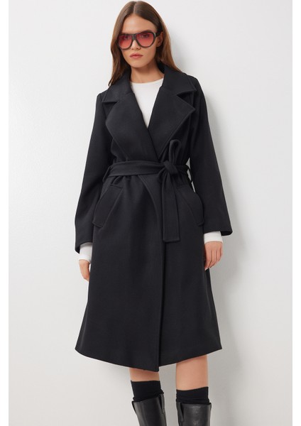 Kruvaze Yaka Kuşaklı Kaşe Kaban LGP0030 Siyah fırsatları