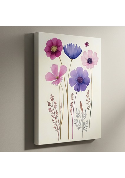 Mor Pembe Çiçekler Botanik Illüstrasyon Tablosu
