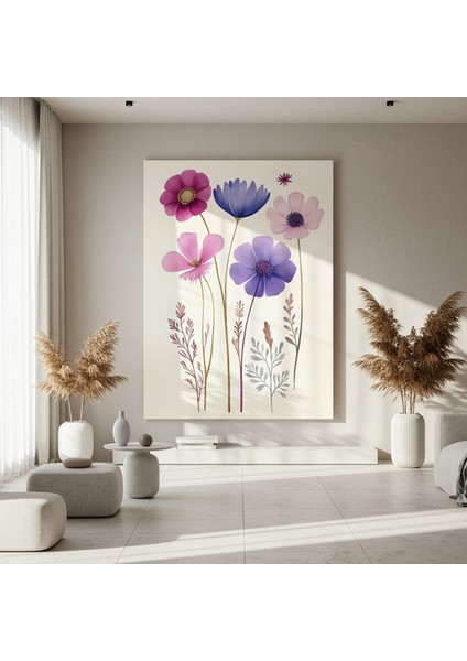 Mor Pembe Çiçekler Botanik Illüstrasyon Tablosu fırsatları