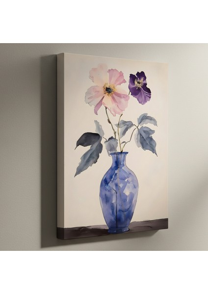 Suluboya Çiçekler ve Mavi Vazo Tablosu