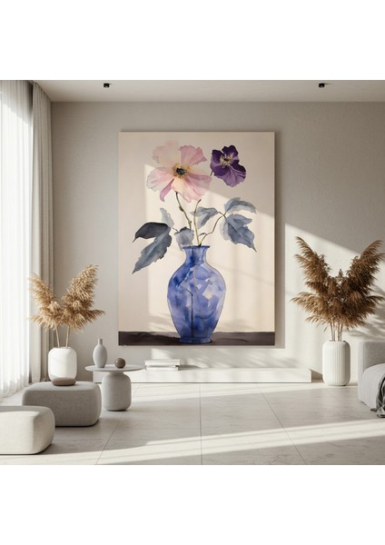 Suluboya Çiçekler ve Mavi Vazo Tablosu fırsatları