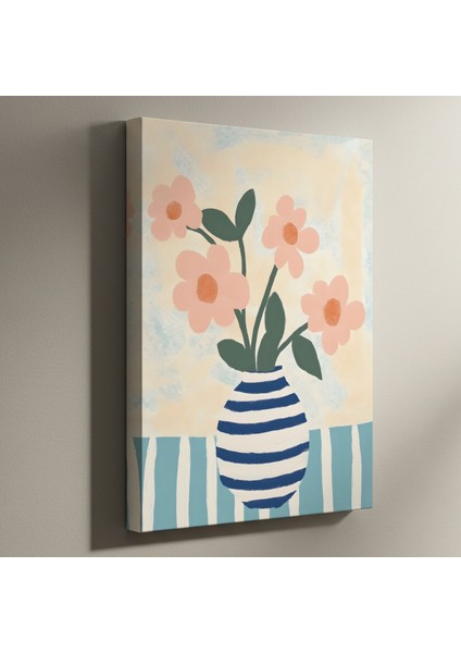 Çizgili Vazo ve Pembe Çiçekler Soyut Tablosu