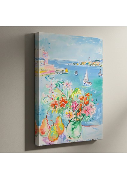 Akdeniz Manzaralı Çiçekli Natürmort Tablosu