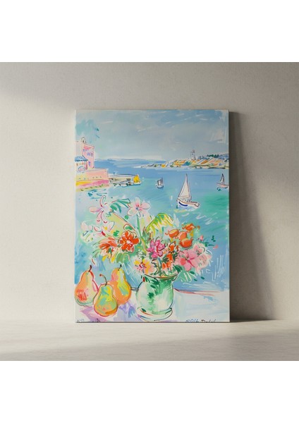 Akdeniz Manzaralı Çiçekli Natürmort Tablosu fiyatları