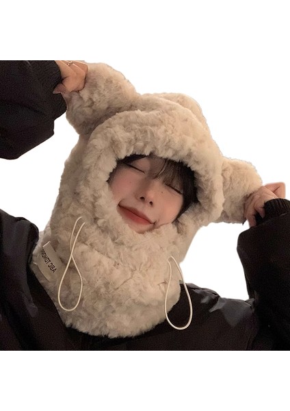 Sonbahar ve Kış Sevimli Şapka Maske Entegre Kadın Baş Örtüsü Kulak Koruyucu Şapka Kalın Peluş Ayı Sıcak Bisiklet (Yurt Dışından)