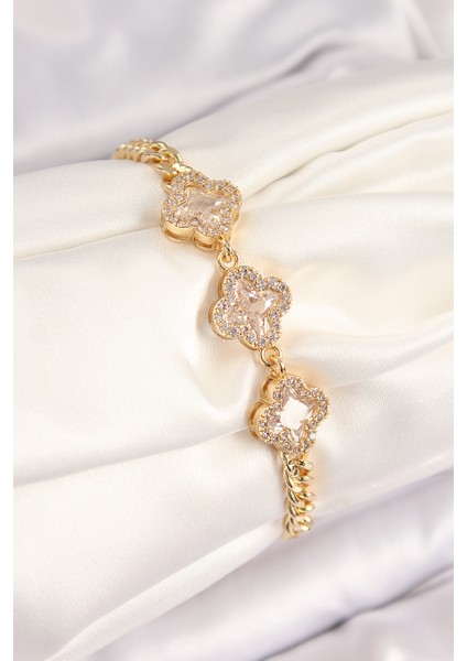 Pirinç Zirkon Taşlı Yonca Model Gold Renk Kadın Bileklik TG27BB7897