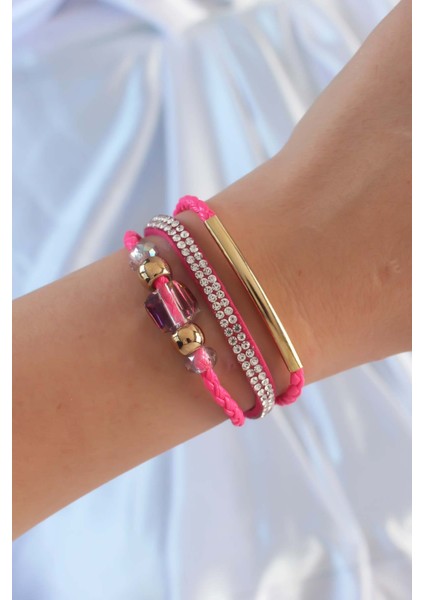 Pembe Renk Zirkon Taşlı Deri Çoklu Bileklik TG27BB6352
