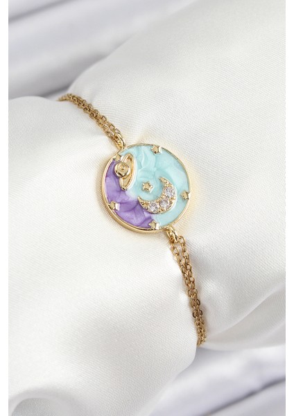 316L Çelik Zincir Mineli Sanatsal Portre Zirkon Taşlı Gezegen Model Gold Renk Kadın Bileklik TG27BB7234