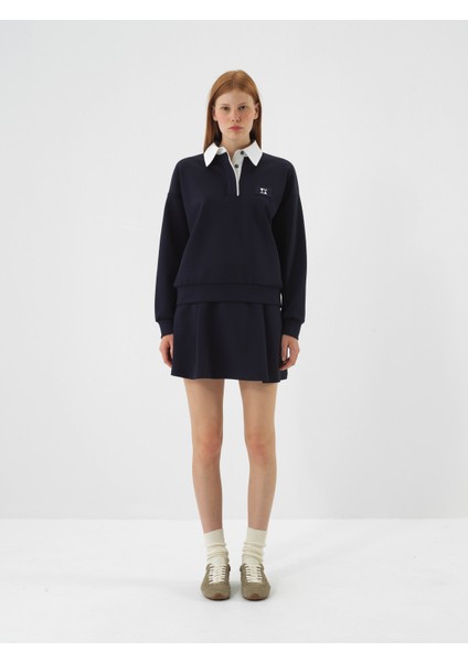 Kadın Lacivert Esnek Dokulu Oversize Sweatshirt