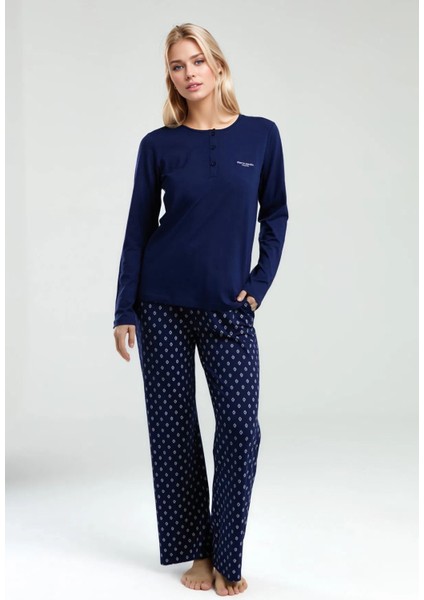 Kadın Uzun Kol Kutulu Lacivert 2 Parça Pijama Takımı fırsatları