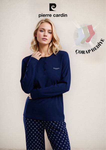 Kadın Uzun Kol Kutulu Lacivert 2 Parça Pijama Takımı