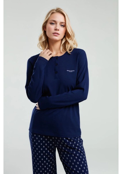 Kadın Uzun Kol Kutulu Lacivert 2 Parça Pijama Takımı modelleri
