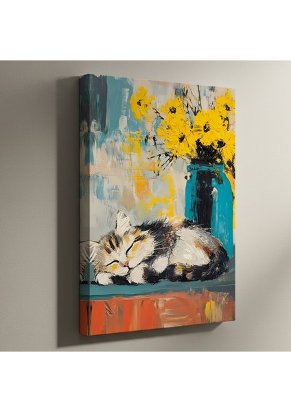 Uyuyan Kedi ve Sarı Çiçekler Tablosu