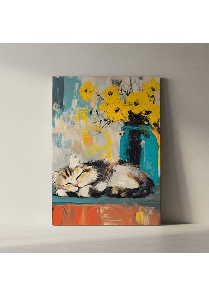 Uyuyan Kedi ve Sarı Çiçekler Tablosu fiyatları